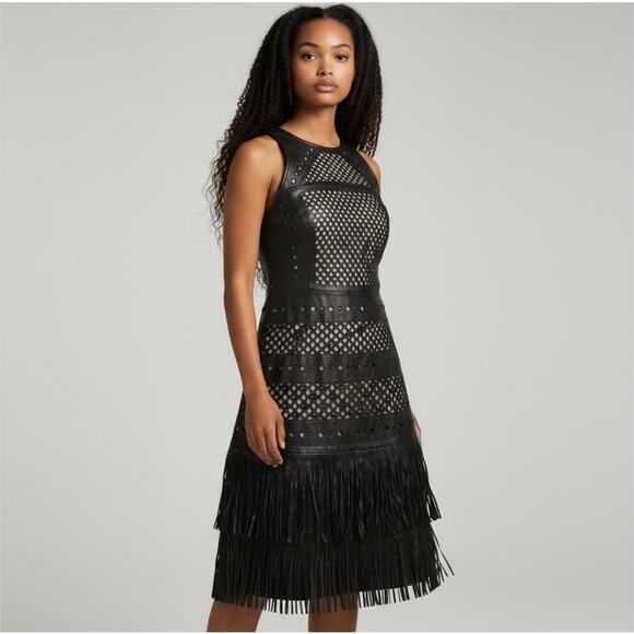 Parker 100% Leather Black Fringe Dress - Picture 1 of 8